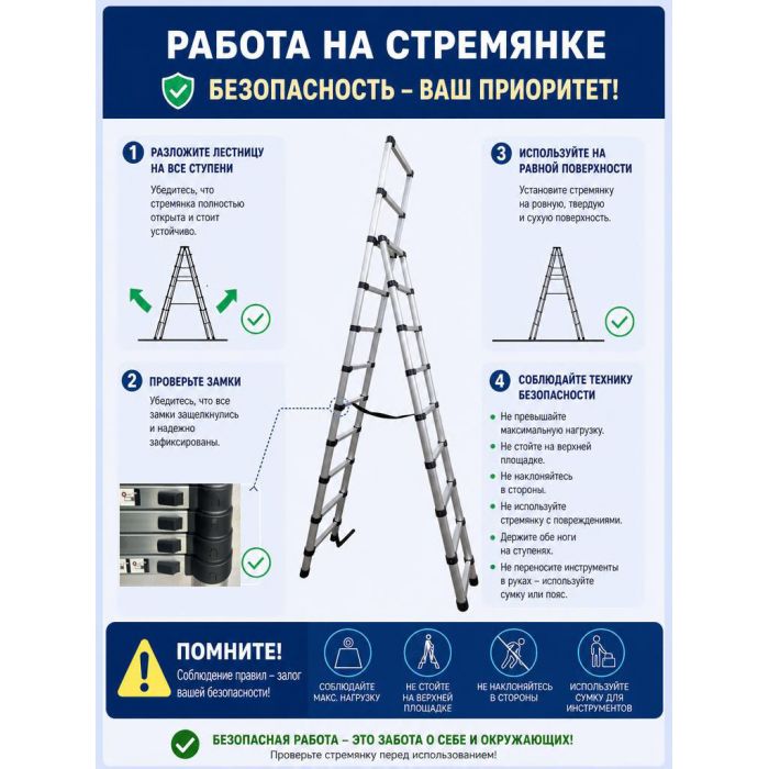 Телескопическая алюминиевая стремянка Sevenberg QH 9+11 (2,6 м.+3,2 м.) - профессиональная модель