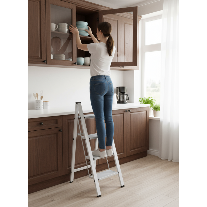 Стремянка алюминиевая SevenBerg Milano 3 широкие ступени белая