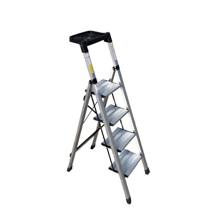 Стремянка алюминиевая Verona 4 широкие ступени серебристая с лотком для инструментов