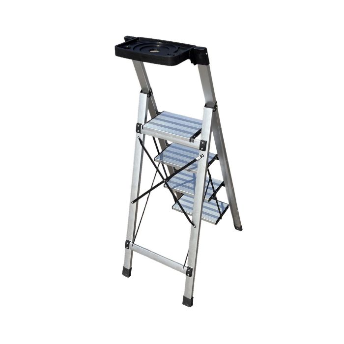 Стремянка алюминиевая Verona 4 широкие ступени серебристая с лотком для инструментов