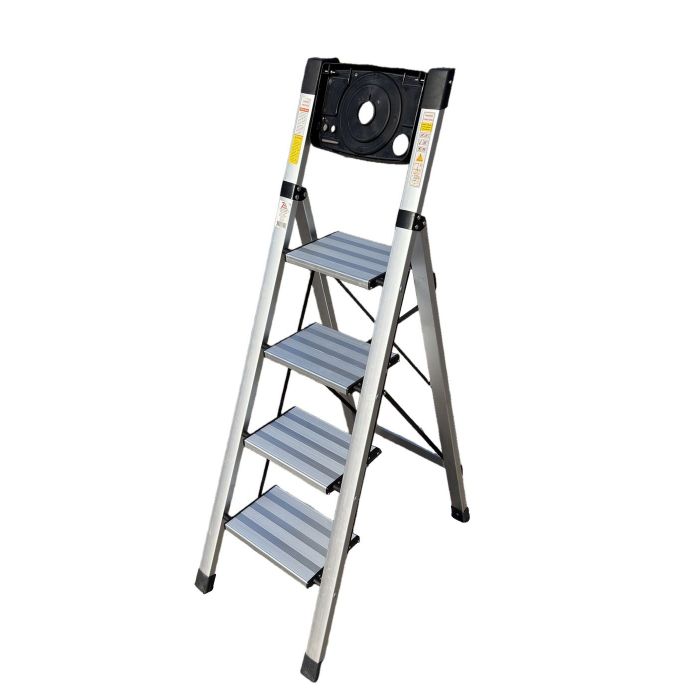 Стремянка алюминиевая Verona 4 широкие ступени серебристая с лотком для инструментов