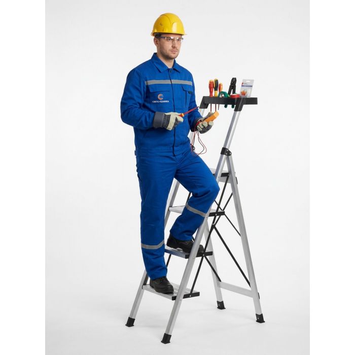 Стремянка алюминиевая Verona 4 широкие ступени серебристая с лотком для инструментов