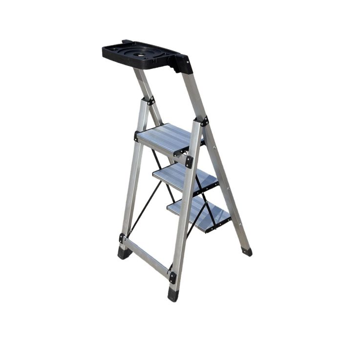 Стремянка алюминиевая Verona 3 широкие ступени серебристая с лотком для инструментов