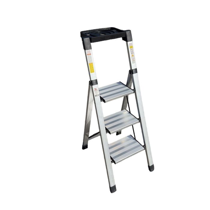 Стремянка алюминиевая Verona 3 широкие ступени серебристая с лотком для инструментов