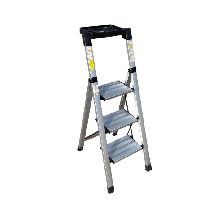 Стремянка алюминиевая Verona 3 широкие ступени серебристая с лотком для инструментов