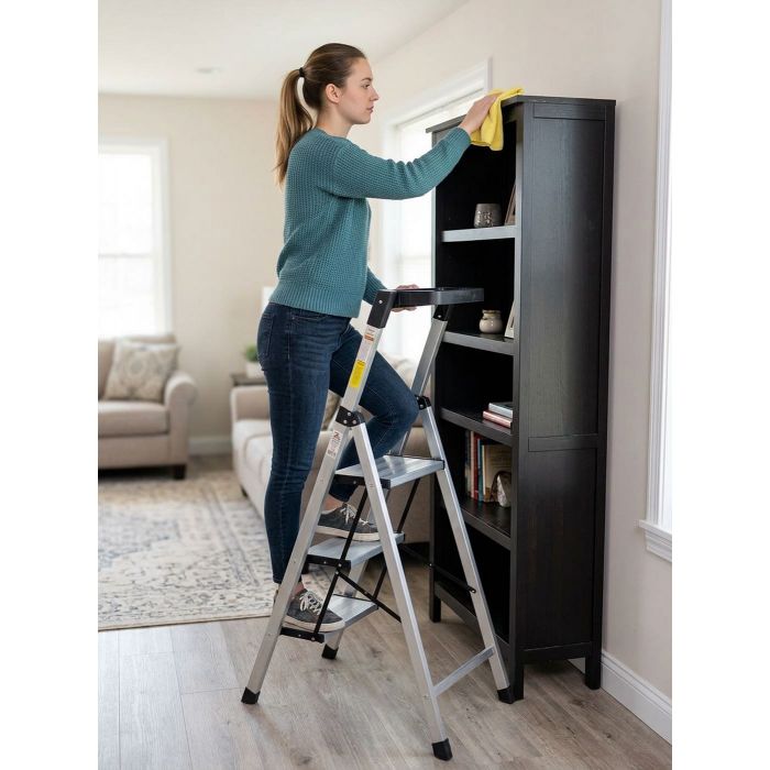 Стремянка алюминиевая Verona 3 широкие ступени серебристая с лотком для инструментов