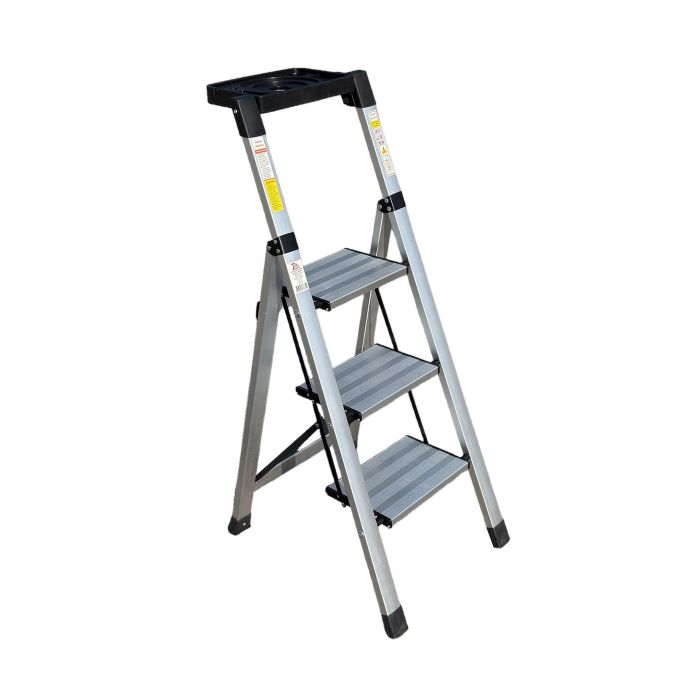 Стремянка алюминиевая Verona 3 широкие ступени серебристая с лотком для инструментов