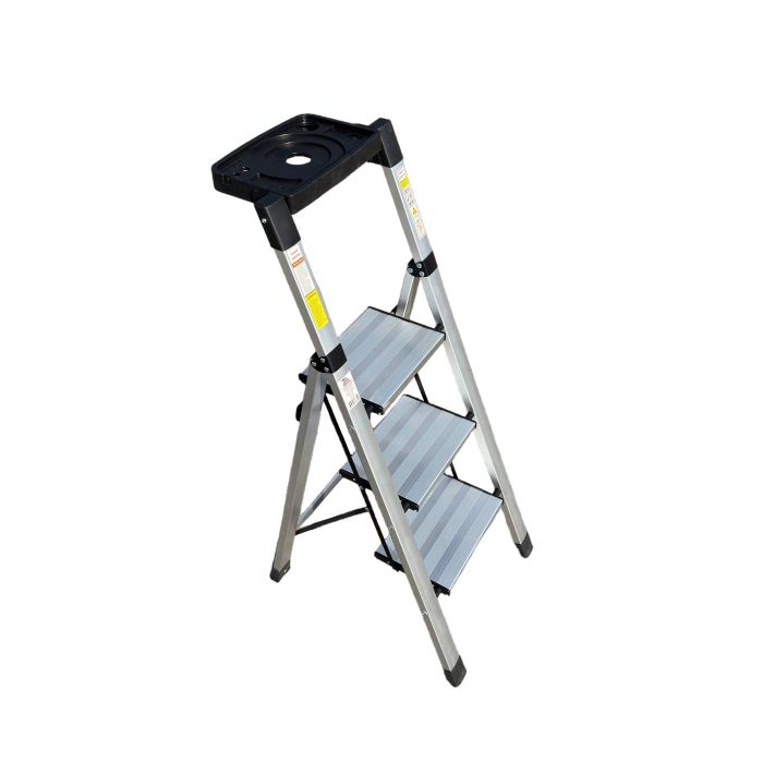 Стремянка алюминиевая Verona 3 широкие ступени серебристая с лотком для инструментов