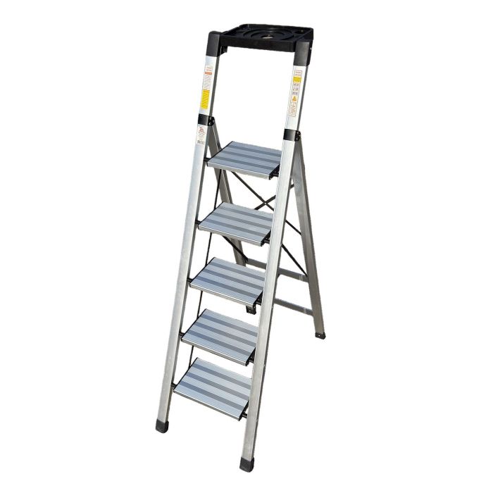 Стремянка алюминиевая Verona 5 широкие ступени серебристая с лотком для инструментов