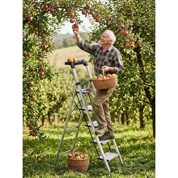 Стремянка алюминиевая Verona 5 широкие ступени серебристая с лотком для инструментов