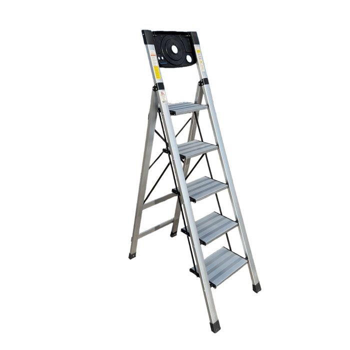 Стремянка алюминиевая Verona 5 широкие ступени серебристая с лотком для инструментов