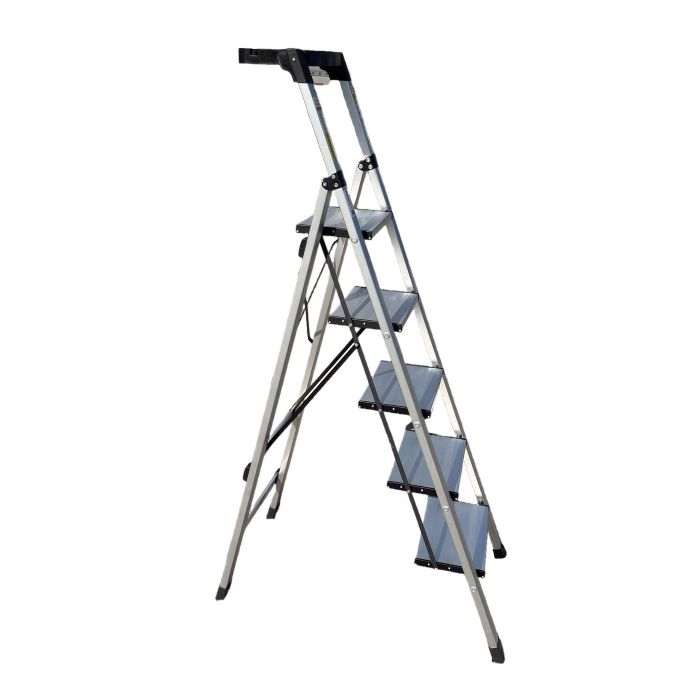 Стремянка алюминиевая Verona 5 широкие ступени серебристая с лотком для инструментов