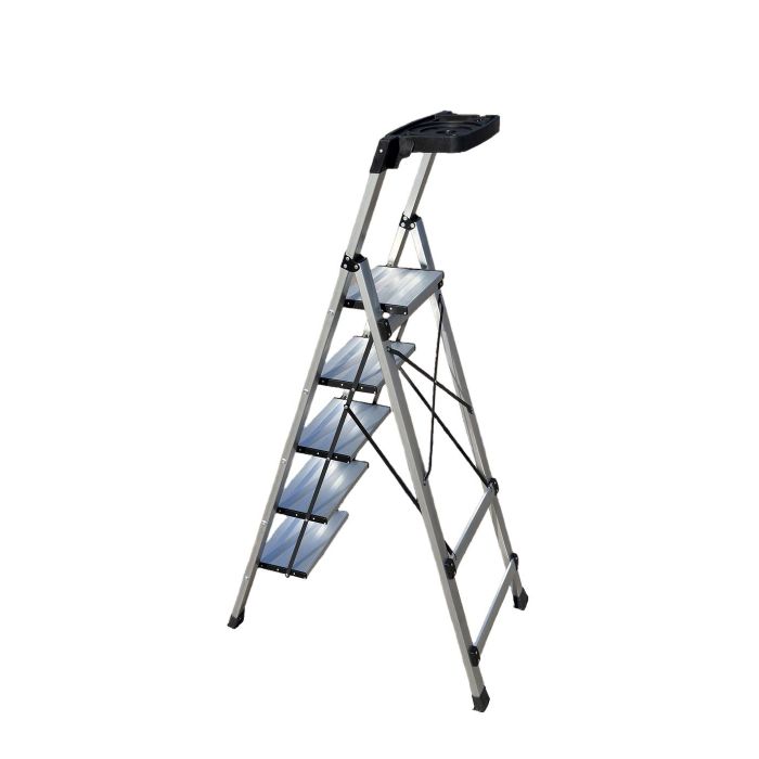 Стремянка алюминиевая Verona 5 широкие ступени серебристая с лотком для инструментов