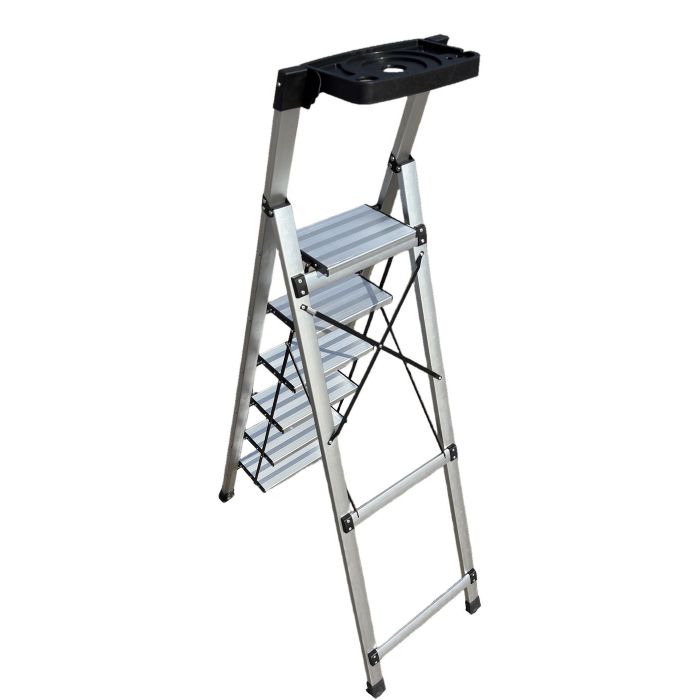 Стремянка алюминиевая Verona 6 широкие ступени серебристая с лотком для инструментов