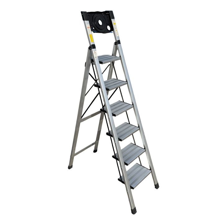 Стремянка алюминиевая Verona 6 широкие ступени серебристая с лотком для инструментов