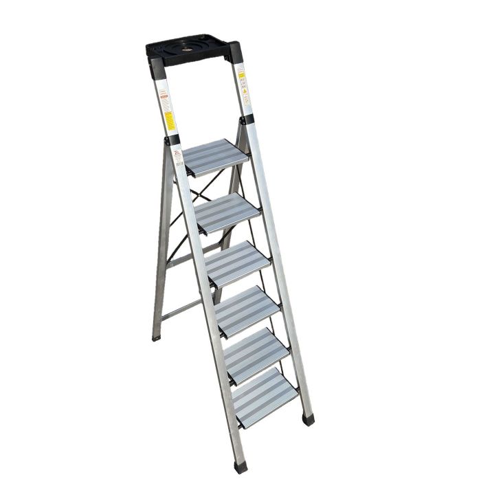 Стремянка алюминиевая Verona 6 широкие ступени серебристая с лотком для инструментов