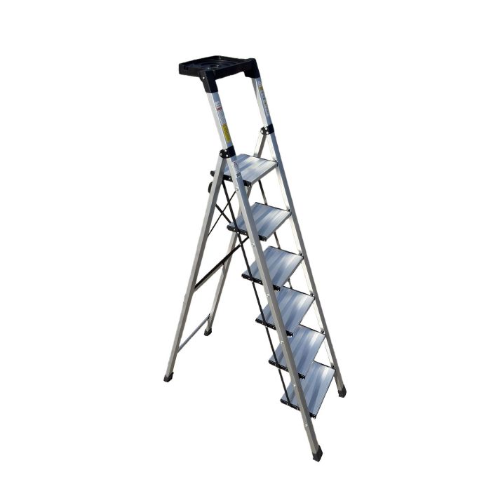 Стремянка алюминиевая Verona 6 широкие ступени серебристая с лотком для инструментов