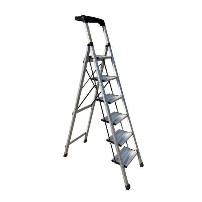 Стремянка алюминиевая Verona 6 широкие ступени серебристая с лотком для инструментов