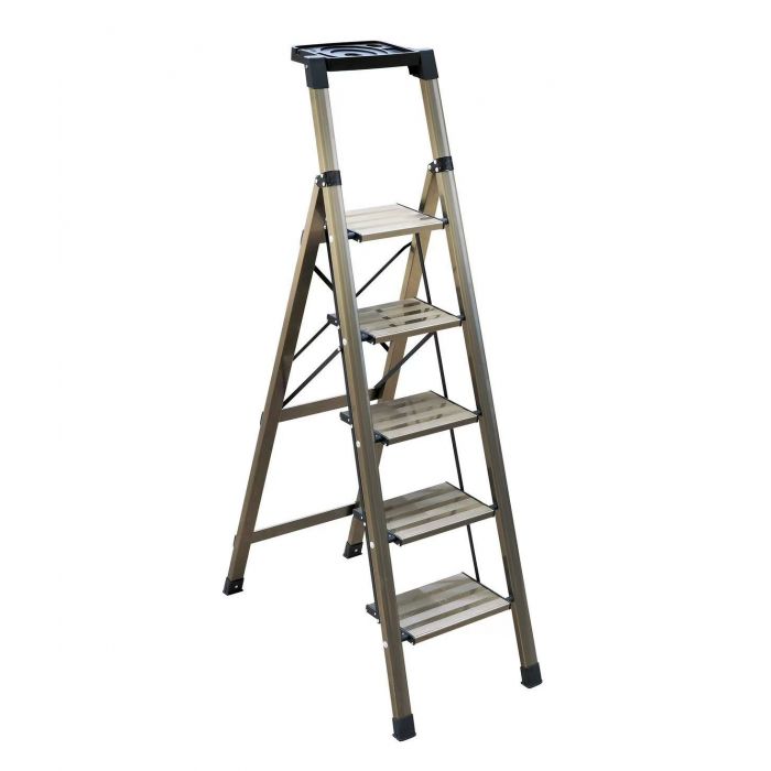 Стремянка алюминиевая Verona 5 широкие ступени золотая с лотком для инструментов