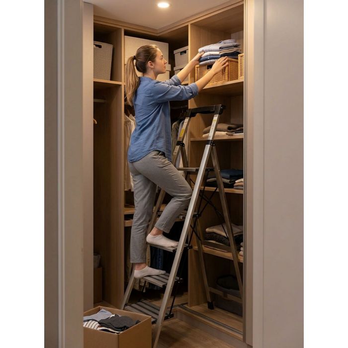 Стремянка алюминиевая Verona 5 широкие ступени золотая с лотком для инструментов