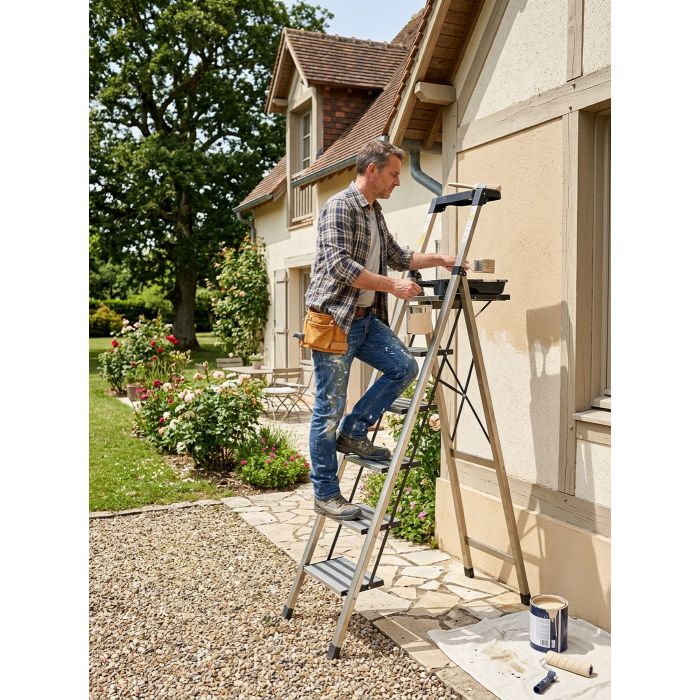 Стремянка алюминиевая Verona 6 широкие ступени золотая с лотком для инструментов