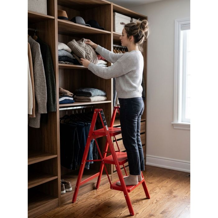 Стремянка стальная SevenBerg Milano 3 широкие ступени красная