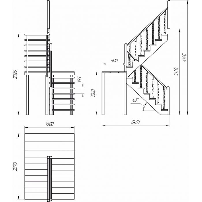  Деревянная межэтажная лестница ЛЕС-62 (поворот 180°) универсальная