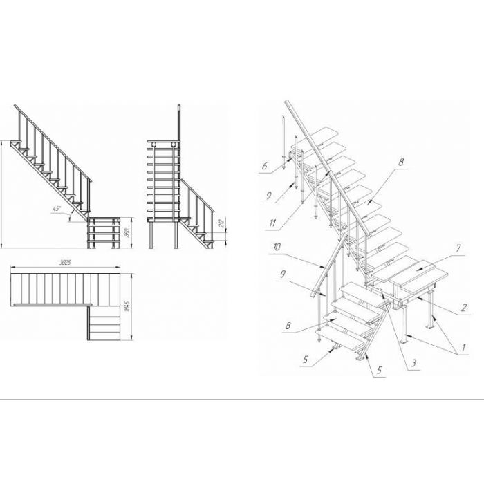  Деревянная межэтажная лестница ЛЕС-05-3  универсальная (поворот 90 градусов, высота 3 м)