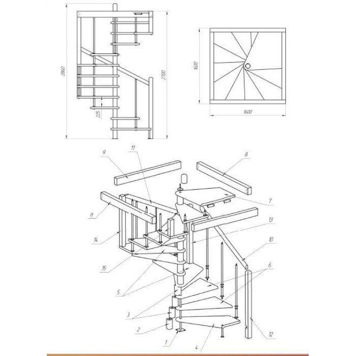 Деревянная межэтажная лестница ЛЕС-10 левозаходная 360 градусов